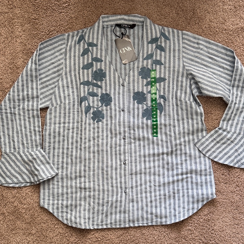 Gray Striped Floral Women's Button Down Shirt